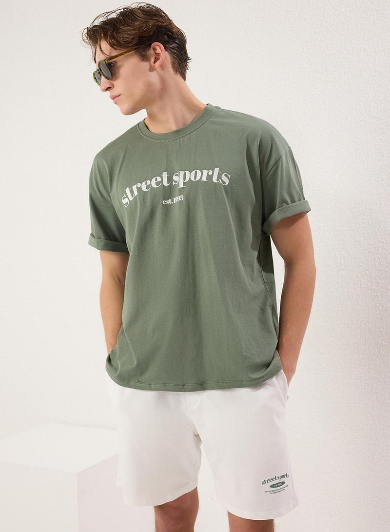 trendyol Emerald Green-Ecru 2-Piece Tracksuit Set Oversize/Wide Cut 100% Cotton Shorts - Image 2