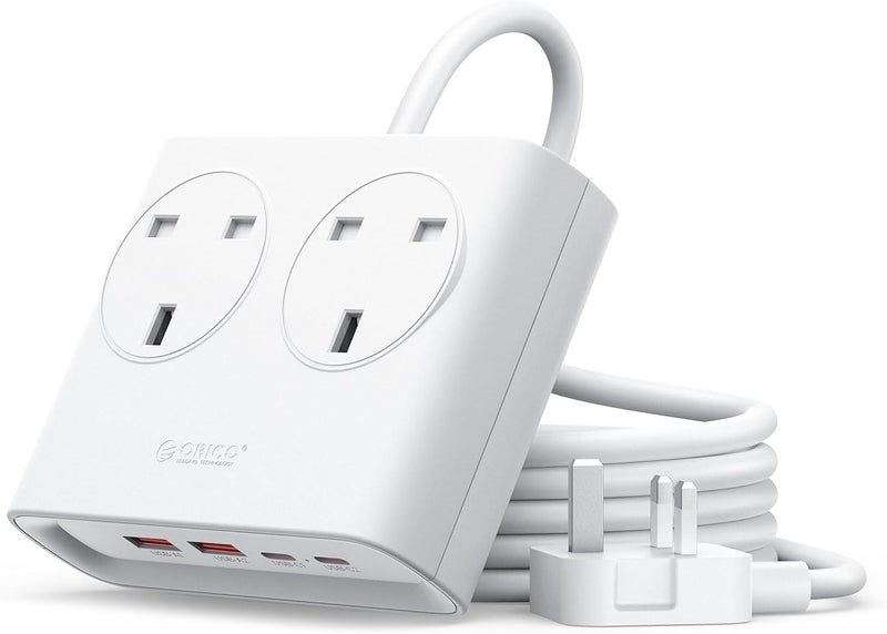 Orico PD 20W Extension Lead with USB Slots, 2 Way Extension Socket with 2 USB C and 2 USB A, 1.6m Extension Cable, 13A 3250W Desk Power Strip for Bedroom Office Accessories-White - Image 1