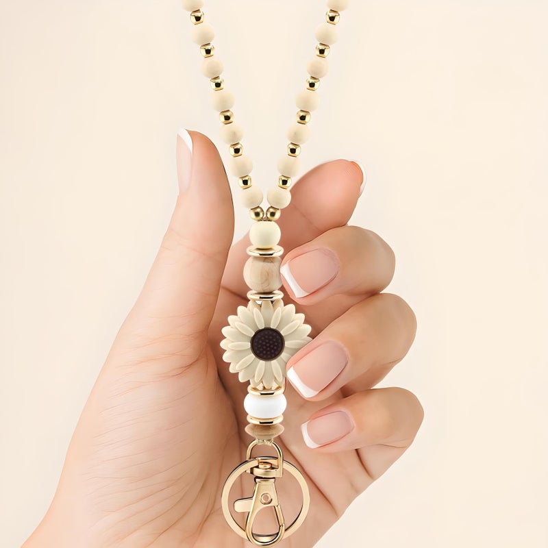 MyfavoriteK Wooden Teacher Lanyards for Id Badge Cute Flower Wood and Gold Beaded Neck Lanyards for Women Stylish ID Holder - Image 5