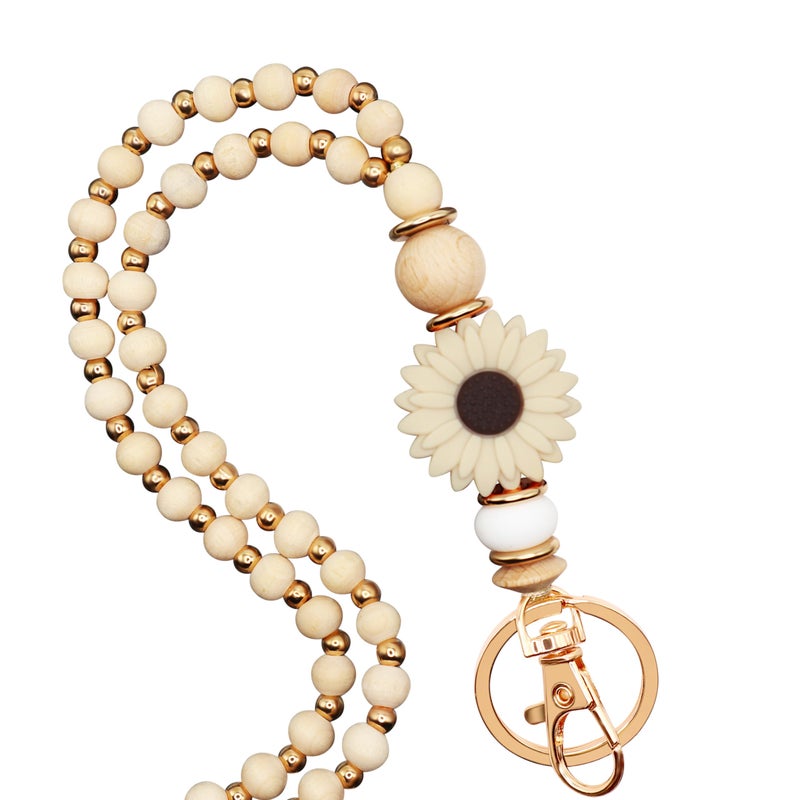 MyfavoriteK Wooden Teacher Lanyards for Id Badge Cute Flower Wood and Gold Beaded Neck Lanyards for Women Stylish ID Holder - Image 1