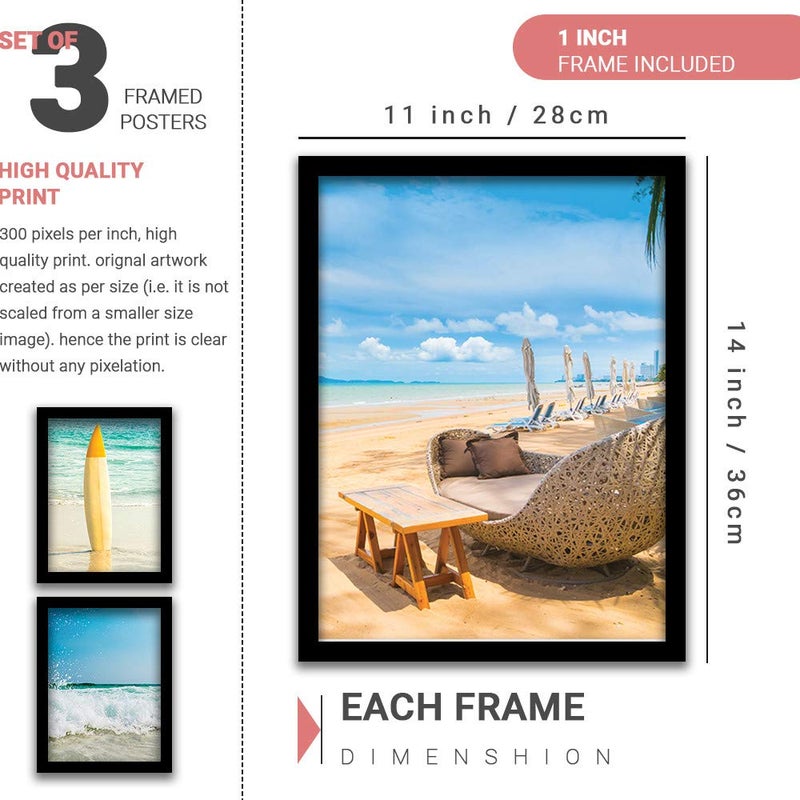 HEVEA Sea Beach Framed Wall PostersPaintings with Frame Wall Paintings Hangings Framed Wall Art Paintings 11 inch x 14 inch Framed Multicolor Set of 3 - Image 2