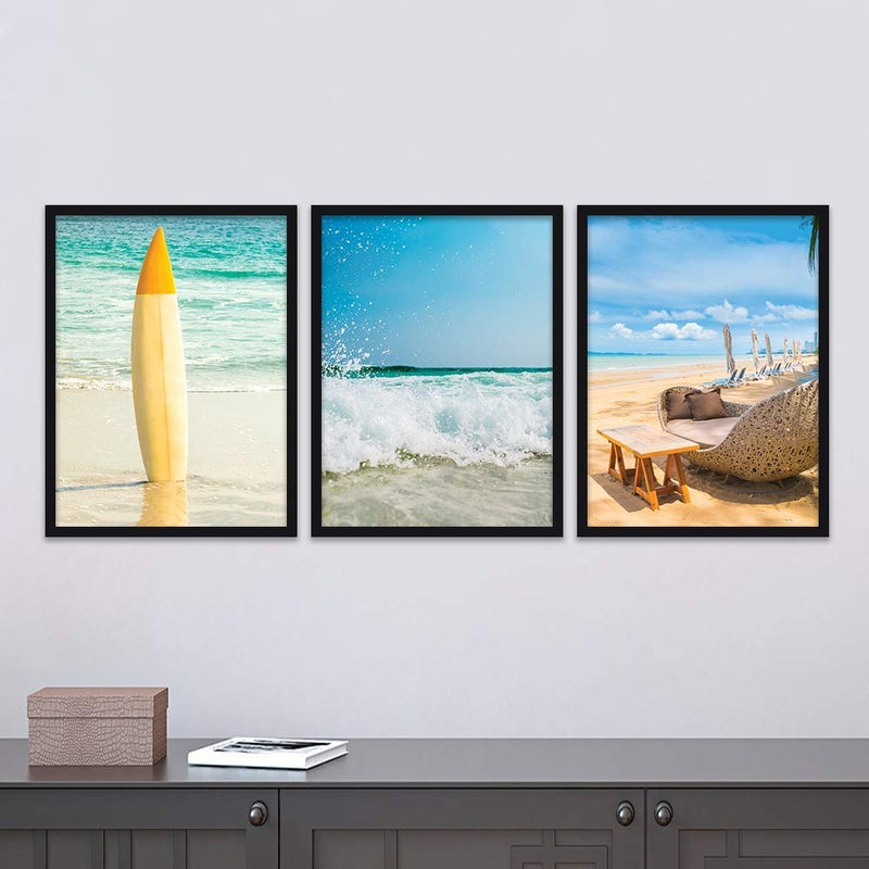 HEVEA Sea Beach Framed Wall PostersPaintings with Frame Wall Paintings Hangings Framed Wall Art Paintings 11 inch x 14 inch Framed Multicolor Set of 3 - Image 1