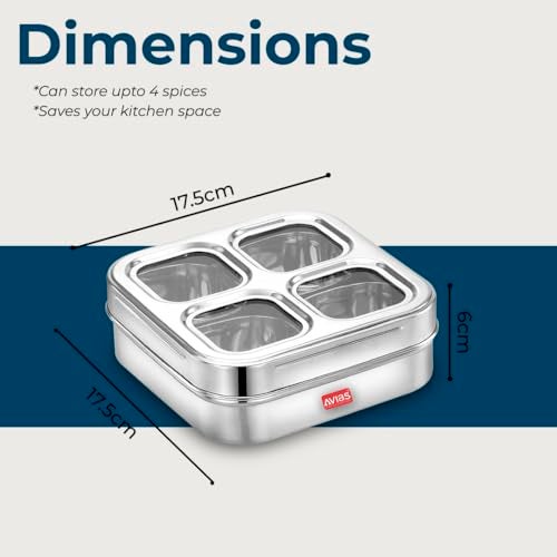 AVIAS 4 Square Stainless Steel Masala Box for Kitchen, Spice Box with See-Through Lid, 4 Containers Masala Dani/Dabba, Dry Fruit Organiser, Food Grade Rust-Free Steel, Design 17.5cm, Silver - Image 4