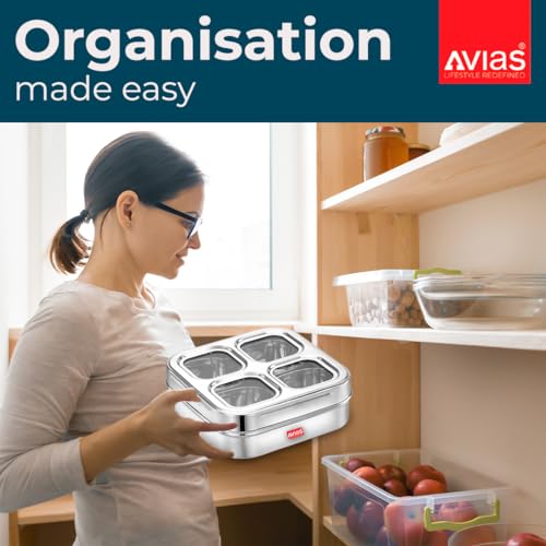 AVIAS 4 Square Stainless Steel Masala Box for Kitchen, Spice Box with See-Through Lid, 4 Containers Masala Dani/Dabba, Dry Fruit Organiser, Food Grade Rust-Free Steel, Design 17.5cm, Silver - Image 5