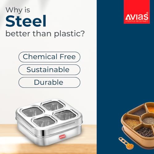 AVIAS 4 Square Stainless Steel Masala Box for Kitchen, Spice Box with See-Through Lid, 4 Containers Masala Dani/Dabba, Dry Fruit Organiser, Food Grade Rust-Free Steel, Design 17.5cm, Silver - Image 3