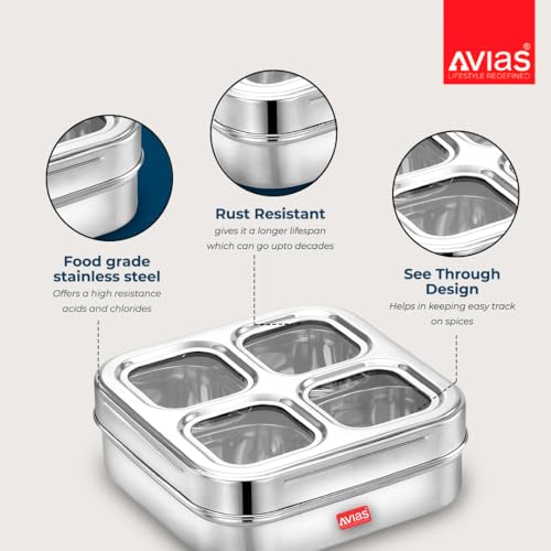 AVIAS 4 Square Stainless Steel Masala Box for Kitchen, Spice Box with See-Through Lid, 4 Containers Masala Dani/Dabba, Dry Fruit Organiser, Food Grade Rust-Free Steel, Design 17.5cm, Silver - Image 2