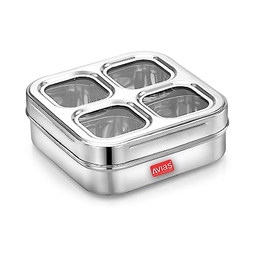 AVIAS 4 Square Stainless Steel Masala Box for Kitchen, Spice Box with See-Through Lid, 4 Containers Masala Dani/Dabba, Dry Fruit Organiser, Food Grade Rust-Free Steel, Design 17.5cm, Silver - Image 1