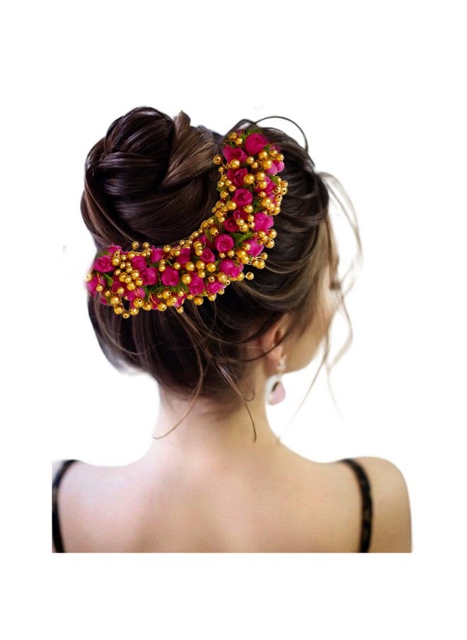 Hair Flare Artificial Plastic Gajra With Golden Beads Design Hair Pin/ Judabun/ Hair Accessories For Women & Girls - Dark Pink, 2632, Pack Of 1  - Image 3