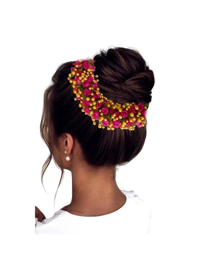 Hair Flare Artificial Plastic Gajra With Golden Beads Design Hair Pin/ Judabun/ Hair Accessories For Women & Girls - Dark Pink, 2632, Pack Of 1  - Image 2