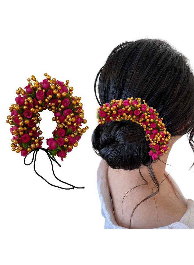 Hair Flare Artificial Plastic Gajra With Golden Beads Design Hair Pin/ Judabun/ Hair Accessories For Women & Girls - Dark Pink, 2632, Pack Of 1  - Image 1