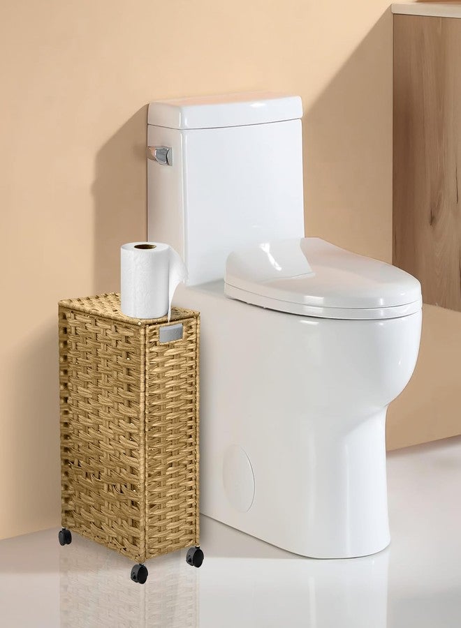 Hiagnete Toilet Paper Storage Basket with Lid and Wheels, Rattan Toilet Paper Holder Storage, Toilet Paper Organizer for Bathroom, Bedroom, Kitchen, Natural - Image 2
