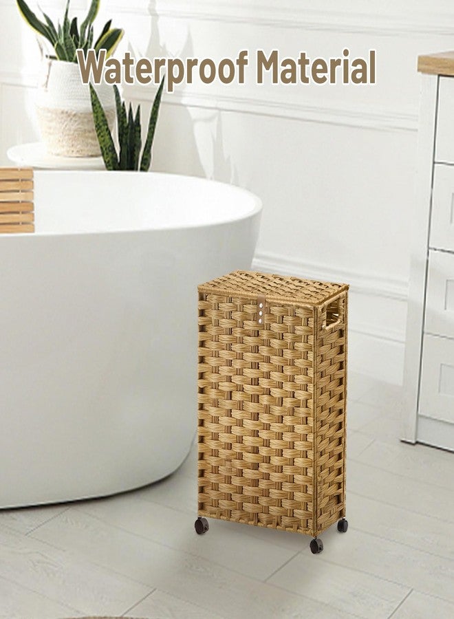 Hiagnete Toilet Paper Storage Basket with Lid and Wheels, Rattan Toilet Paper Holder Storage, Toilet Paper Organizer for Bathroom, Bedroom, Kitchen, Natural - Image 3