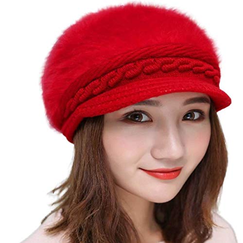 iSWEVEN Visor Skull Winter Cap for Women Girls Woollen Knitted Hat Winter-Autumn Plain Weave Beanie (4022- Red) - Image 1