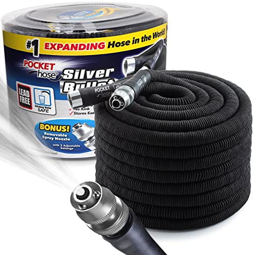 Bulbhead Pocket Hose Silver Bullet 100 ft Turbo Shot Nozzle Multiple Spray Patterns Expandable Garden Hose 3/4 in Solid Aluminum Fittings Lead-Free Lightweight and No-Kink, Black - Image 1