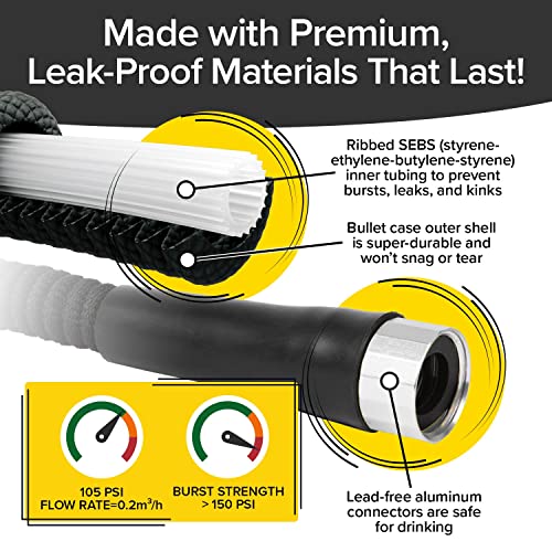 Bulbhead Pocket Hose Silver Bullet 100 ft Turbo Shot Nozzle Multiple Spray Patterns Expandable Garden Hose 3/4 in Solid Aluminum Fittings Lead-Free Lightweight and No-Kink, Black - Image 5
