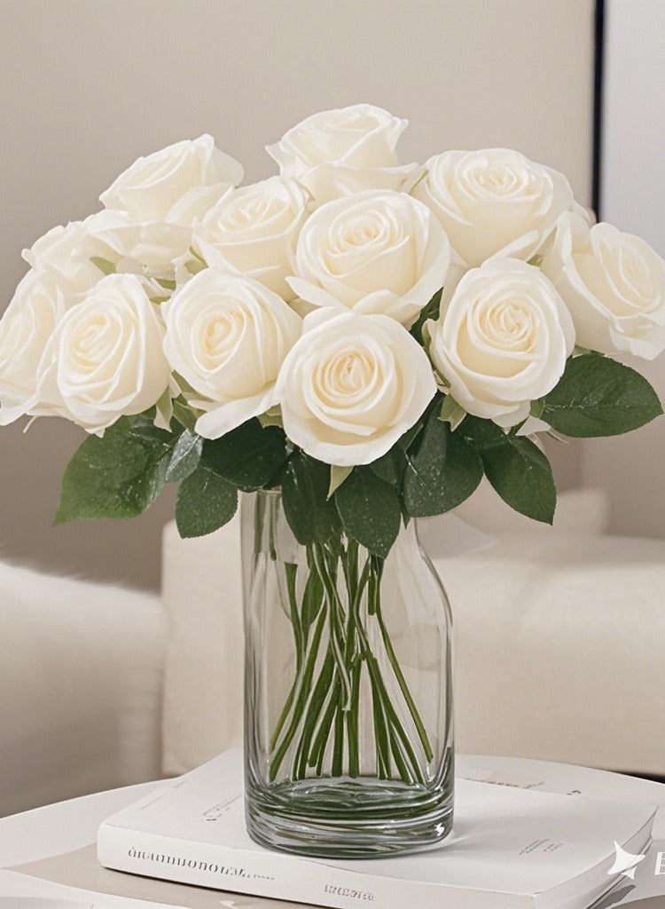 White Velvet Fake Roses (10 Pieces) - Lifelike Artificial Flowers for Home Decor - Image 1