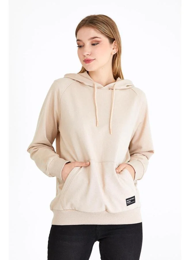 mmetalic Women's Beige Hooded Basic Knit Sweatshirt