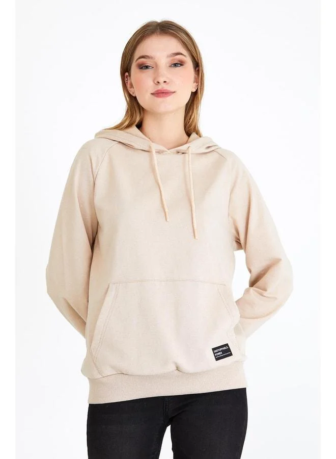 mmetalic Women's Beige Hooded Basic Knit Sweatshirt