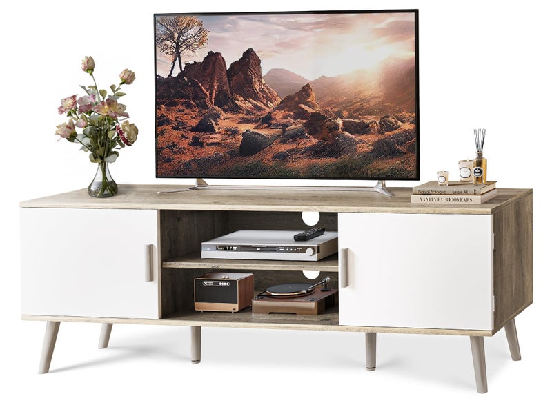 SUPERJARE TV Stand for 55 Inch TV Entertainment Center with Adjustable Shelf 2 Cabinets TV Console Table Media Console Solid Wood Feet Cord Holes for Living Room Bedroom Gray and White