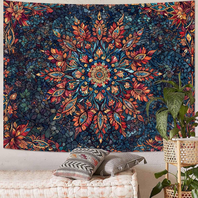 Accnicc Boho Floral Mandala Tapestry for Bedroom Hippie Bohemian Flower Wall Tapestry Aesthetic Small Stained Glass Red Blue Indian Tapestries Wall Hanging for Living Room Dorm Decor 48 x 36 Inch - Image 5