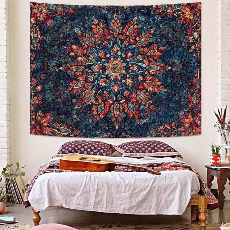 Accnicc Boho Floral Mandala Tapestry for Bedroom Hippie Bohemian Flower Wall Tapestry Aesthetic Small Stained Glass Red Blue Indian Tapestries Wall Hanging for Living Room Dorm Decor 48 x 36 Inch - Image 4