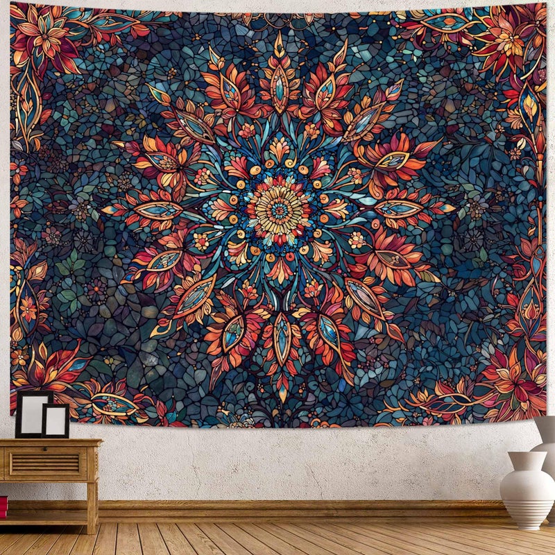 Accnicc Boho Floral Mandala Tapestry for Bedroom Hippie Bohemian Flower Wall Tapestry Aesthetic Small Stained Glass Red Blue Indian Tapestries Wall Hanging for Living Room Dorm Decor 48 x 36 Inch - Image 1