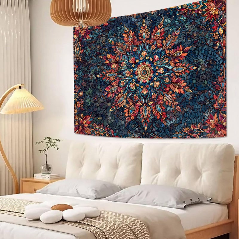 Accnicc Boho Floral Mandala Tapestry for Bedroom Hippie Bohemian Flower Wall Tapestry Aesthetic Small Stained Glass Red Blue Indian Tapestries Wall Hanging for Living Room Dorm Decor 48 x 36 Inch - Image 3