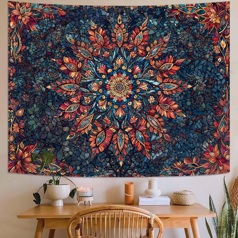 Accnicc Boho Floral Mandala Tapestry for Bedroom Hippie Bohemian Flower Wall Tapestry Aesthetic Small Stained Glass Red Blue Indian Tapestries Wall Hanging for Living Room Dorm Decor 48 x 36 Inch - Image 2