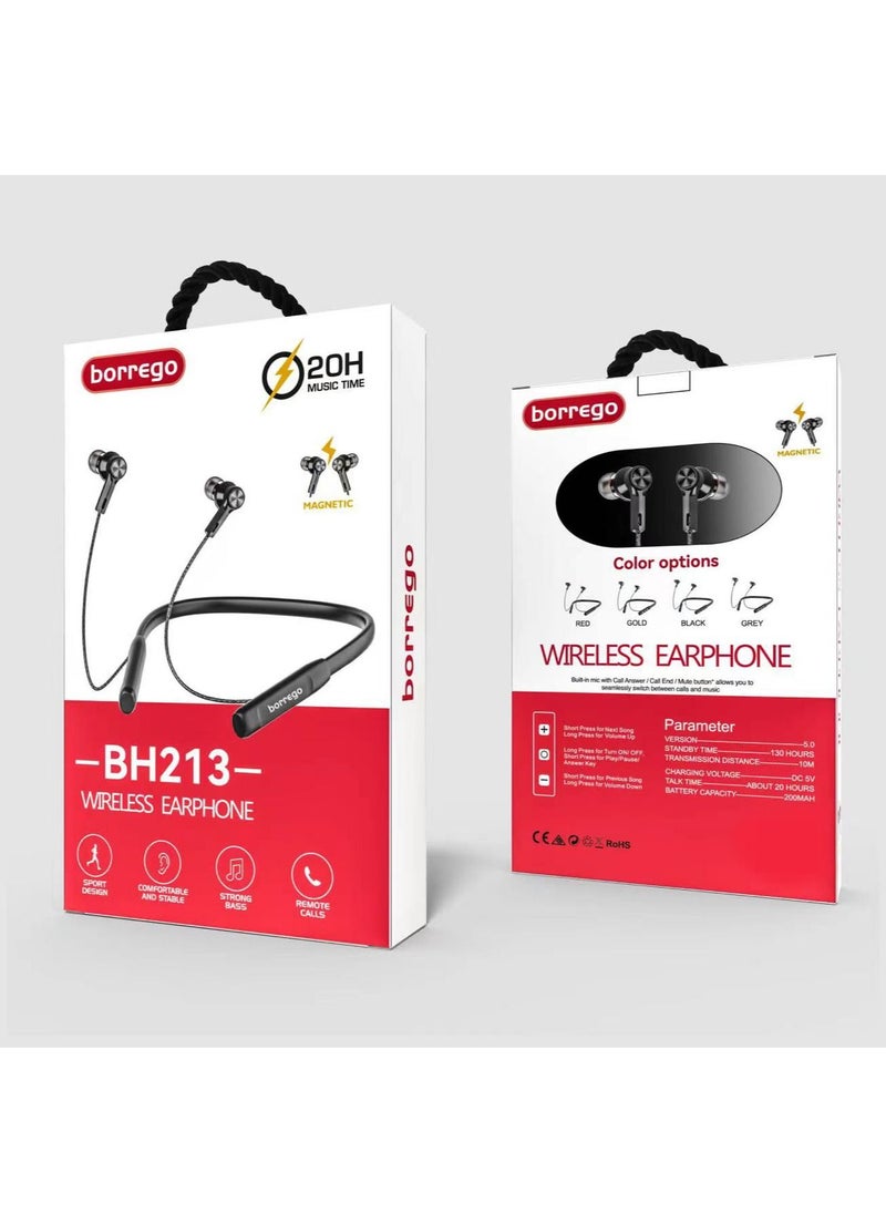 BH213 Wireless Bluetooth Earphone With Magnetic, 20 Hours Music Time- Red