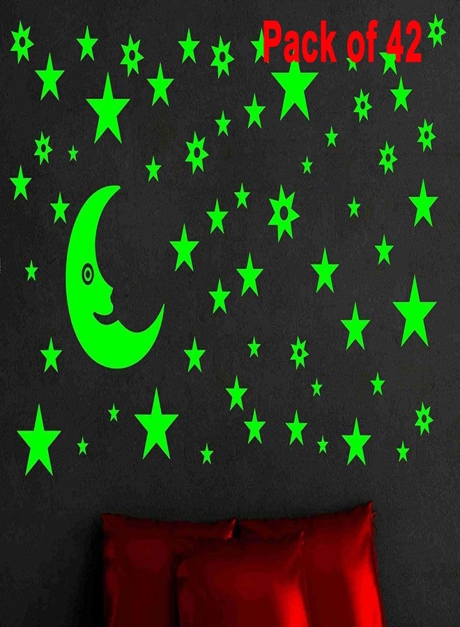 Sage Square Radium Green Color Fluorescent Night Glow in The Dark Star Wall Sticker for Kids Room and Living Room (Pack of 42) (Moon & Star) - Image 1