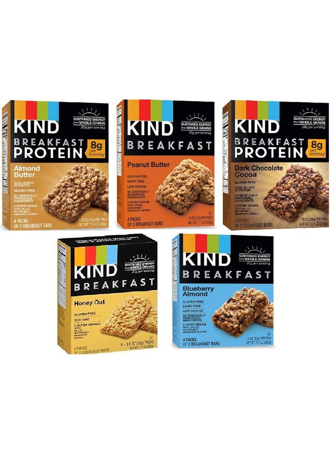KIND Kind Breakfast Bars New Variety 5 Pack. 1 Box of each: Dark Chocolate, Honey Oat, Peanut Butter, Almond Butter. Total of 40 Bars  - Image 1