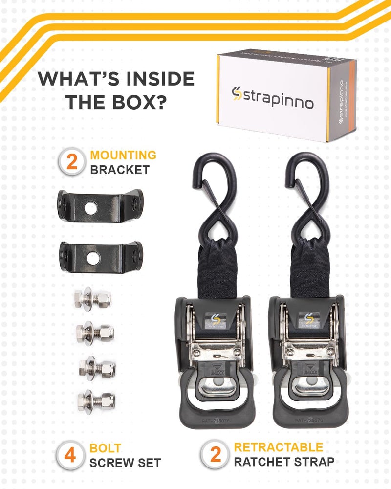 Strapinno 2PCS Stainless Steel Retractable Ratchet Straps (1 7/8 in x 4 ft) Transom Tie Downs for Boat Trailer - Extra Mounting Brackets & Bolt Set, Boat Accessories, Break Strength 1,650LB/750KG - Image 4