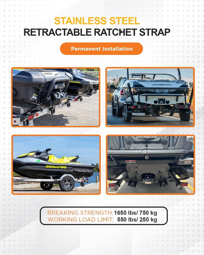 Strapinno 2PCS Stainless Steel Retractable Ratchet Straps (1 7/8 in x 4 ft) Transom Tie Downs for Boat Trailer - Extra Mounting Brackets & Bolt Set, Boat Accessories, Break Strength 1,650LB/750KG - Image 5