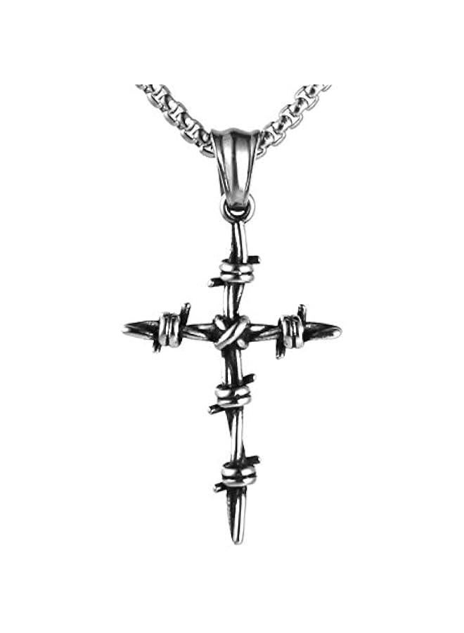 Arabest Men's Vintage Silver Nail Cross Punk Gothic Stainless Steel Barbed Wire Pendant Necklacee 22+2 Inch - Image 1