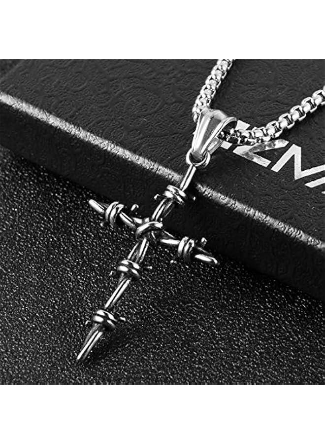 Arabest Men's Vintage Silver Nail Cross Punk Gothic Stainless Steel Barbed Wire Pendant Necklacee 22+2 Inch - Image 2