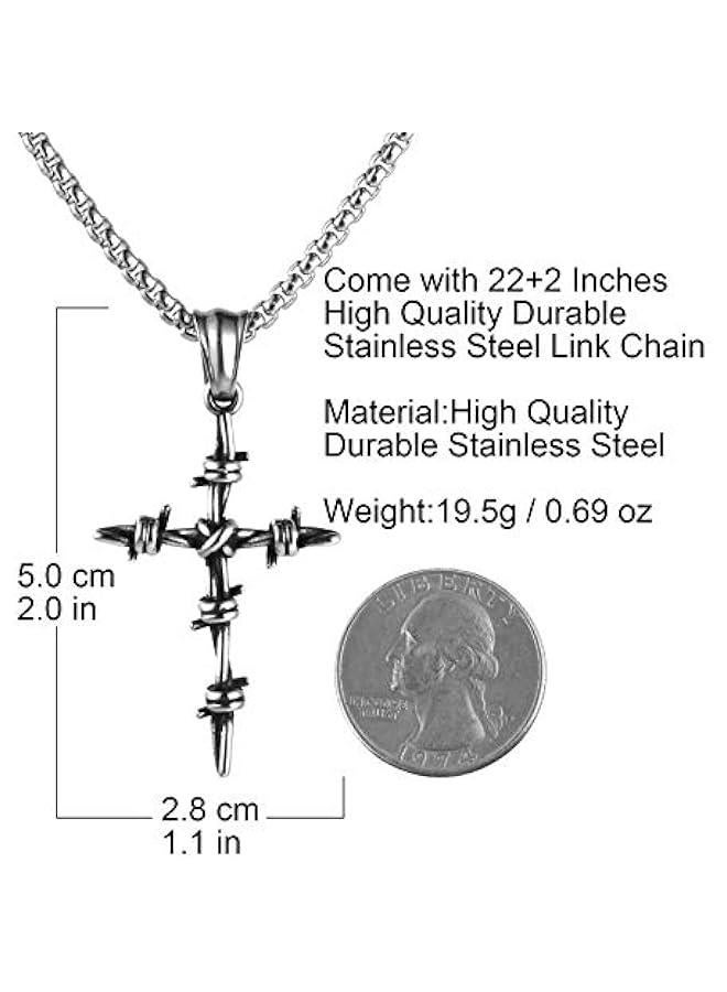 Arabest Men's Vintage Silver Nail Cross Punk Gothic Stainless Steel Barbed Wire Pendant Necklacee 22+2 Inch - Image 3