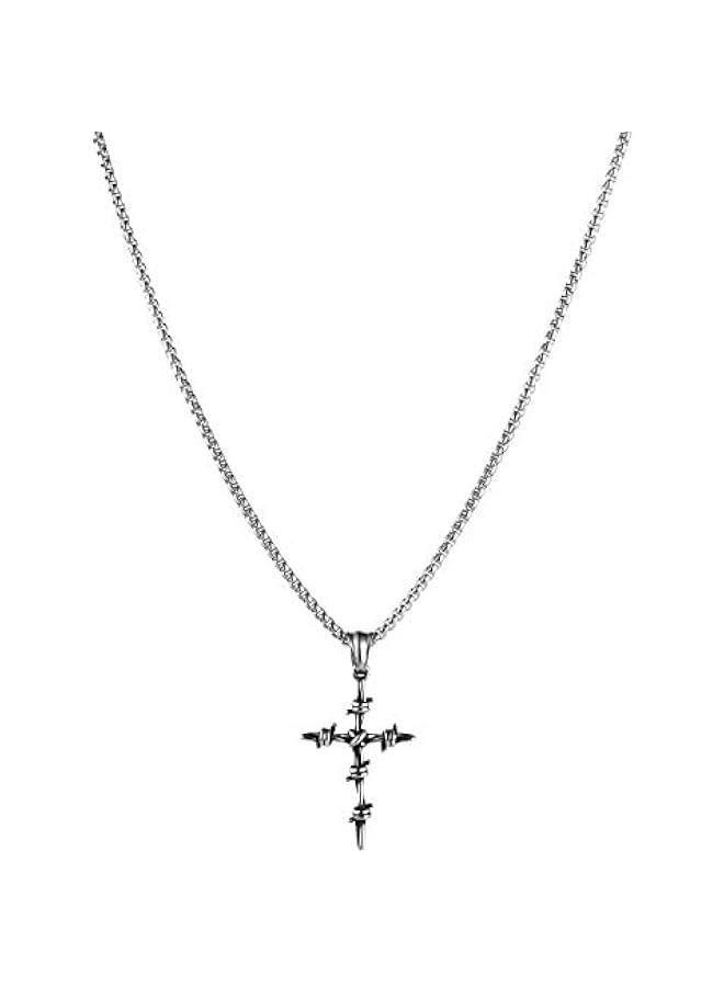 Arabest Men's Vintage Silver Nail Cross Punk Gothic Stainless Steel Barbed Wire Pendant Necklacee 22+2 Inch - Image 4