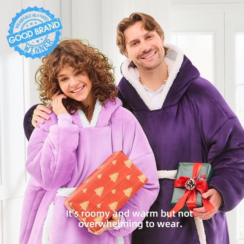 JOYWOO Purple Wearable Blanket Hoodie,Oversized Cat Lovers Sweatshirt Blanket for Adult, Birthday Gifts for Women,Mom,Men,Cozy Fuzzy Sherpa Hooded Blanket Giant Pocket and Valentines Day Gifts,Purple - Image 2