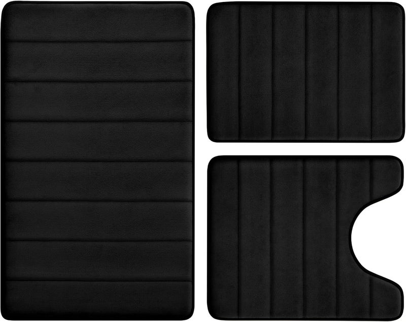 3 Piece Memory Foam Bath Rug Set - Non Slip, Extra Absorbent, Soft and Washable (Black) - Image 1