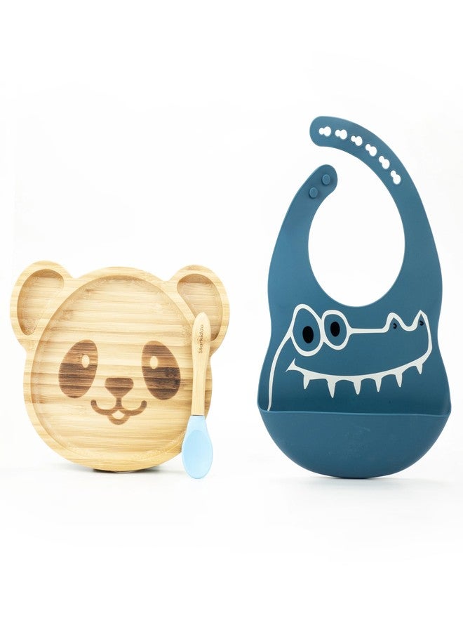 StarKiddo® Adorable Panda Bamboo Suction Plates for Baby and Toddler with Adjustable bib | 3 Sections | Weaning Spoon | Non-Toxic | Strong Suction | Ideal for Baby-Led Weaning (Combo-Blue) - Image 1