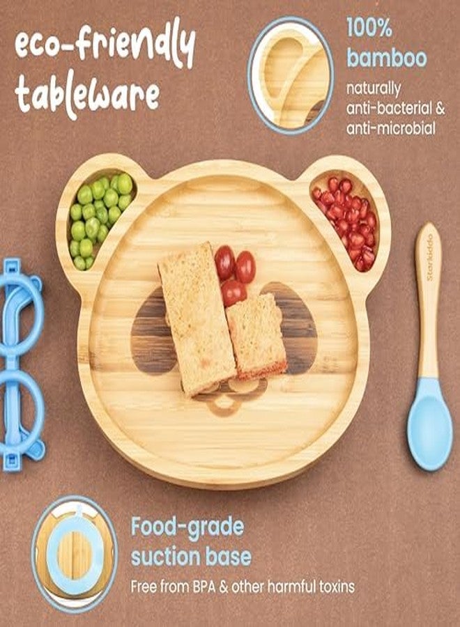 StarKiddo® Adorable Panda Bamboo Suction Plates for Baby and Toddler with Adjustable bib | 3 Sections | Weaning Spoon | Non-Toxic | Strong Suction | Ideal for Baby-Led Weaning (Combo-Blue) - Image 4