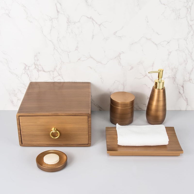 Urbane Home Urbane Home Premium Polyresin 5pcs Bathroom Accessories Set Moisture Resistant Kitchen Bathroom Use Soap DispenserCotton Swab BoxSoap DishTowel TrayAmenity Box Brown  - Image 1