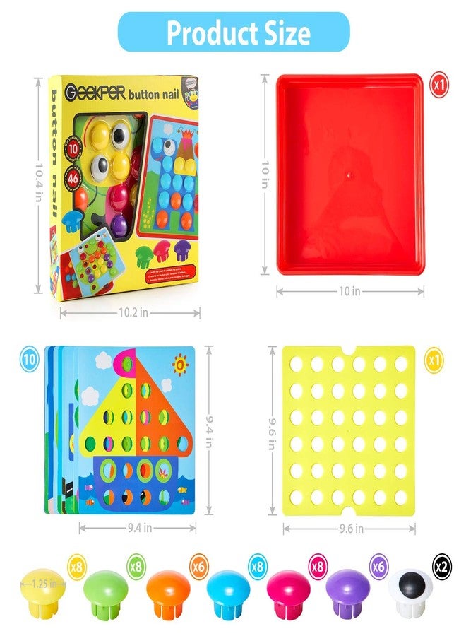 Geekper 68PCS Button Art Toys for Toddlers Color Matching Mosaic Pegboard, Early Learning Educational Toys for 3, 4, 5, 6 Year Old Kids Boys and Girls, 10 Pictures and 58 Buttons - Image 5