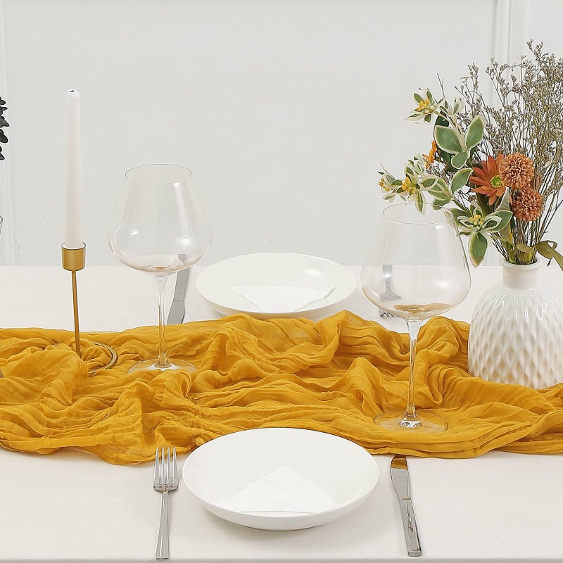 DOLOPL Mustard Yellow Cheesecloth Table Runner 13.3ft Boho Gauze Cheese Cloth Table Runner Rustic Sheer Runner 160inch Long for Wedding Bridal Baby Shower Birthday Party Cake Table Decorations - Image 3