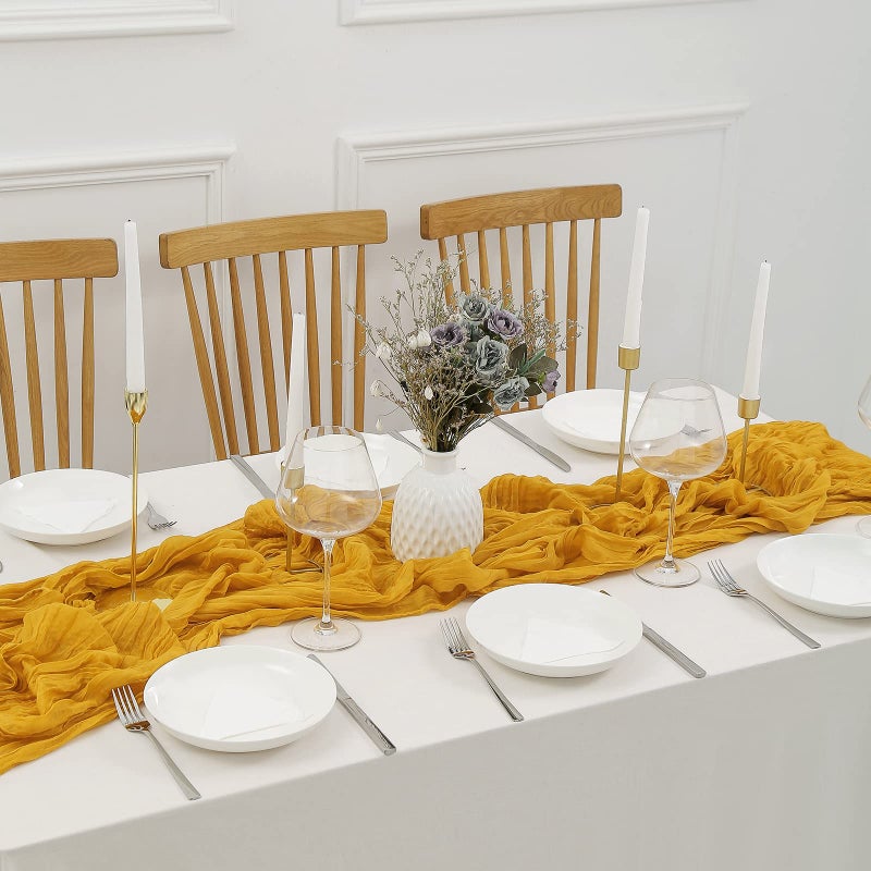 DOLOPL Mustard Yellow Cheesecloth Table Runner 13.3ft Boho Gauze Cheese Cloth Table Runner Rustic Sheer Runner 160inch Long for Wedding Bridal Baby Shower Birthday Party Cake Table Decorations - Image 5