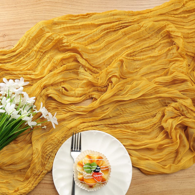 DOLOPL Mustard Yellow Cheesecloth Table Runner 13.3ft Boho Gauze Cheese Cloth Table Runner Rustic Sheer Runner 160inch Long for Wedding Bridal Baby Shower Birthday Party Cake Table Decorations - Image 4