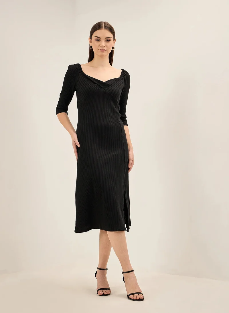 Salt Attire Women's  Elegant Midi Dress with Sweetheart Neckline, A-Line Silhouette, and Twisted Front Detail - Perfect for Effortless Style and Sophisticated Occasions