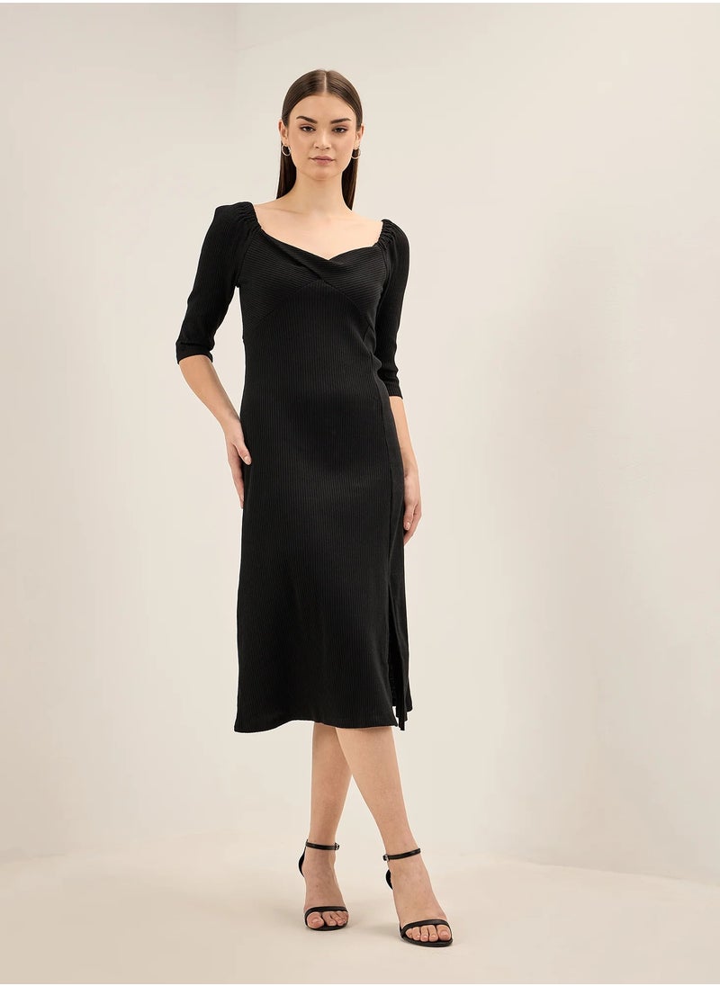Salt Attire Women's  Elegant Midi Dress with Sweetheart Neckline, A-Line Silhouette, and Twisted Front Detail - Perfect for Effortless Style and Sophisticated Occasions  - Image 3