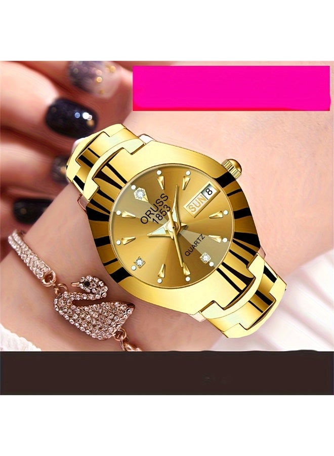 NIBEMINENT ساعة نسائية فاخرة مزينة بالأحجار الكريمة ساعة كوارتز ذهبية موضة أنالوج تقويم ساعة معصم ساعة تاريخ - Image 2