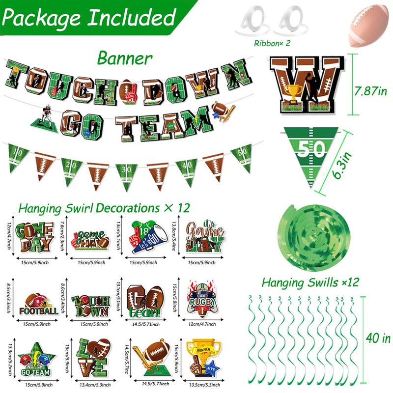 Tomario 53PCS Football Party Decorations Kit, Touch Down Go Team Football Theme Paper Banner Triangle Flags Banner Hanging Swirl - Football Game Day Party Decorations - Image 2